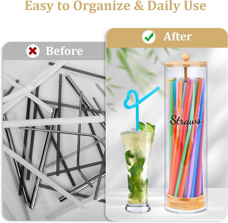 JYPS Acrylic Straw Holder 100 Pcs Colored Straws Includ, 13 Inch Clear Drinking Straw Organizer Container with Bamboo Lid & Sticker for Plastic Straws, Straw Organizer for Kitchen - Image 5
